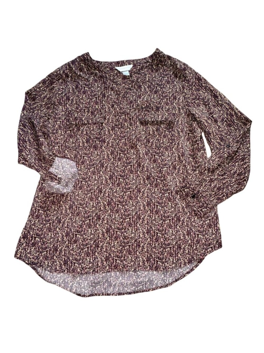 Christopher & Banks Womens Animal Print Roll Tab Sleeve Blouse Brown-Size Lg-GUC